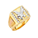 Red & White CZ Eagle Mens Ring in 14K Tri-Color Gold