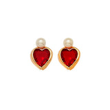 Heart Stud Earrings with Red CZ and Pearl in 14K Gold and Screw Backing