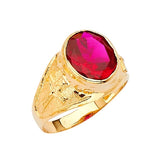 Red CZ Cross Center-Stone Mens Ring in 14K Gold