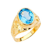 Blue CZ Cross Center-Stone Mens Ring in 14K Gold