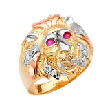 Red & White CZ Lion Mens Ring in 14K Tri-Color Gold