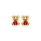 Bear Stud Earrings with Red Enamel in 14K Gold and Butterfly Backing