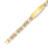 Figaro Mens Border ID Bracelet In 14K Tri-Color Gold