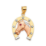 Red CZ Horse Mens Pendant in 14K Tri-Color Gold