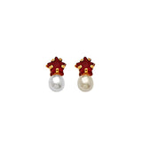 Star Stud Earrings with Red CZ and Pearl in 14K Gold and Screw Backing