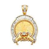 Red & White CZ Horse Mens Frame Pendant in 14K Two-Tone Gold