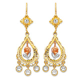 Flower Chandelier Earrings with White CZ in 14K Tri-Color Gold