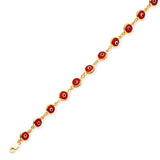 Beaded Red & White Enamel Ladies Eye Charm Bracelet In 14K Gold