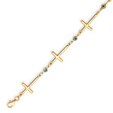 Beaded Blue & White Enamel Ladies Eye Charm Bracelet In 14K Gold