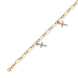 White CZ Ladies Cross Charm Bracelet In 14K Tri-Color Gold