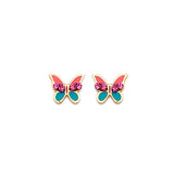 Butterfly Stud Earrings with Red CZ and Enamel in 14K Gold and Butterfly Backing