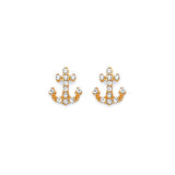 Anchor Stud Earrings with White CZ in 14K Gold and Butterfly Backing