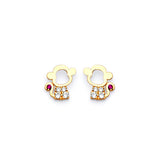 Monkey Stud Earrings with Red & White CZ in 14K Gold and Butterfly Backing