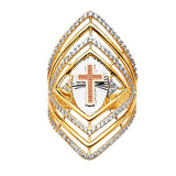 White CZ Cross Full-Finger Ladies Ring in 14K Tri-Color Gold