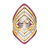 Red & White CZ Cross Full-Finger Ladies Ring in 14K Tri-Color Gold