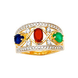 Multi-Color CZ Three-Stone Ladies Ring in 14K Gold