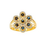 Black & White CZ Flower Multi-Stone Ladies Ring in 14K Gold