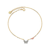 Adjustable 7"-8" White CZ Ladies Butterfly Charm Bracelet In 14K Tri-Color Gold