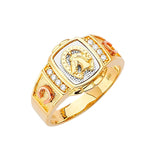 White CZ Horse Fancy Mens Ring in 14K Tri-Color Gold