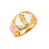 White CZ Santa Muerte Fancy Mens Ring in 14K Tri-Color Gold