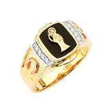 White CZ and Onyx Santa Muerte Mens Ring in 14K Tri-Color Gold