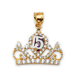 Purple & White CZ Tiara Quinceañera Pendant in 14K Two-Tone Gold