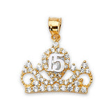 White CZ Tiara Quinceañera Pendant in 14K Two-Tone Gold