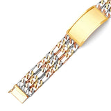 Figaro Mens Border ID Bracelet In 14K Tri-Color Gold