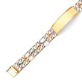 Figaro Mens Border ID Bracelet In 14K Tri-Color Gold