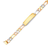 Figaro Mens Border ID Bracelet In 14K Tri-Color Gold