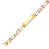 Figaro Mens ID Bracelet In 14K Tri-Color Gold