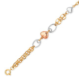 Ladies Heart Charm Bracelet In 14K Tri-Color Gold