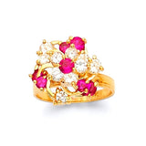 Red & White CZ Flower Motion Ladies Ring in 14K Gold