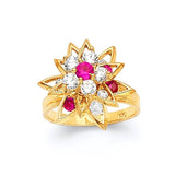 Red & White CZ Flower Motion Ladies Ring in 14K Gold