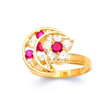 Red & White CZ Moon Motion Ladies Ring in 14K Gold