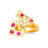 Red & White CZ Heart Motion Ladies Ring in 14K Gold