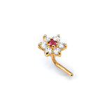 White & Red CZ Flower Nose Ring in 14K Gold