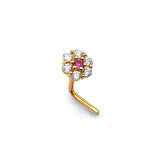 White & Red CZ Flower Nose Ring in 14K Gold