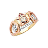 Red & White CZ Symbols Ladies Ring in 14K Tri-Color Gold