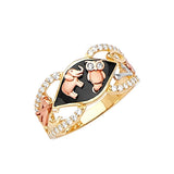 White CZ and Onyx Symbols Ladies Ring in 14K Tri-Color Gold