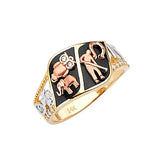 White CZ and Onyx Symbols Ladies Ring in 14K Tri-Color Gold