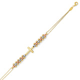 Ladies Cross Charm Bracelet in 14K Tri-Color Gold