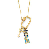 Adjustable 17"-18" Blue & White CZ Charm Necklace in 14K Gold