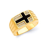 White CZ and Onyx Crucifix Mens Ring in 14K Gold