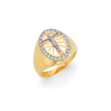 White CZ Jesucristo Mens Ring in 14K Tri-Color Gold