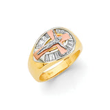 White CZ Jesucristo Mens Ring in 14K Tri-Color Gold