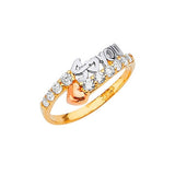 White CZ Heart Ladies Ring in 14K Tri-Color Gold