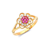 Red & White CZ Flower Ladies Ring in 14K Gold