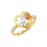 White CZ Heart Ladies Ring in 14K Tri-Color Gold