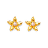 Flower Stud Earrings with Pink CZ in 14K Gold and Butterfly Backing